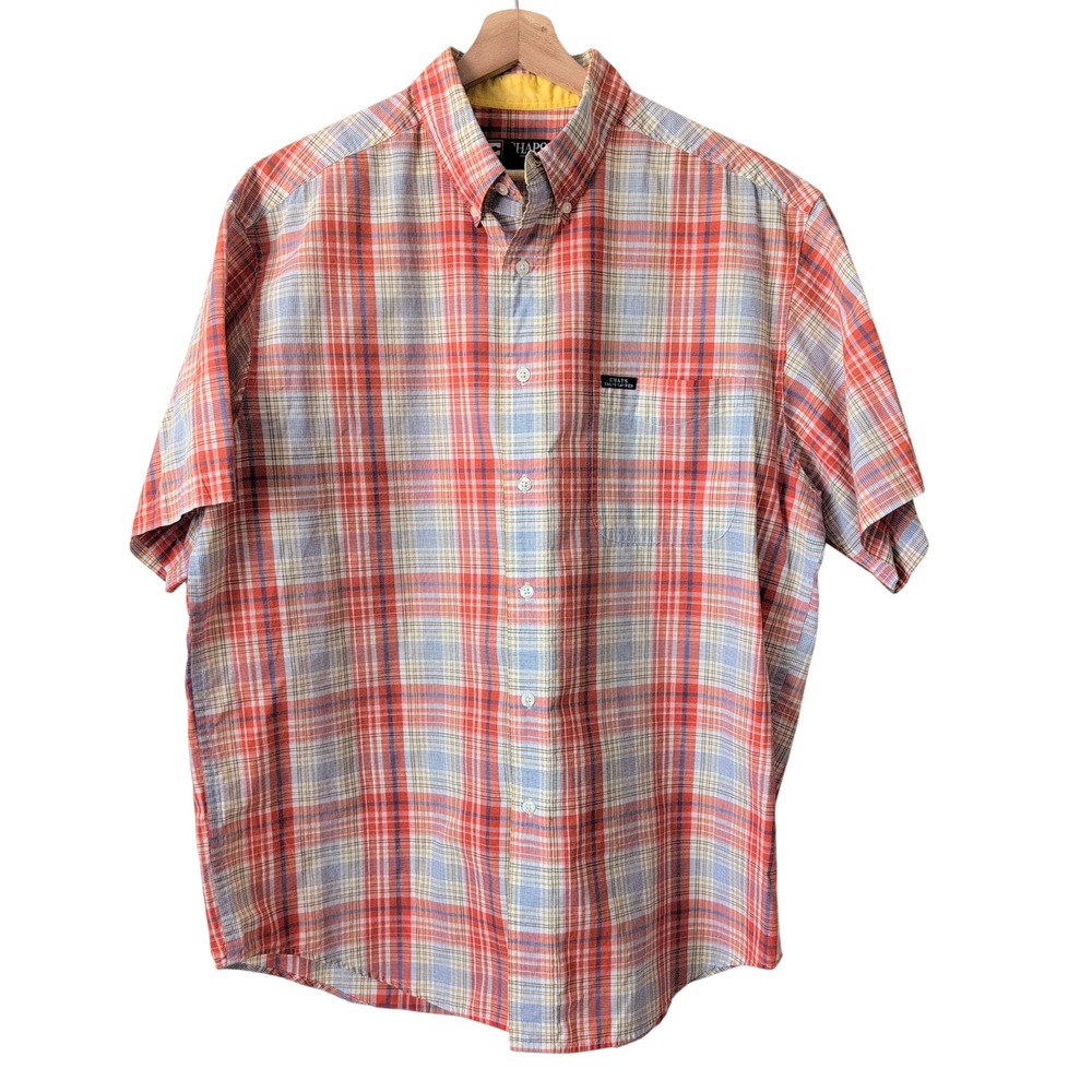 Vintage Chaps Ralph Lauren Mens Orange Plaid Short Sleeve Button Up Shirt Large